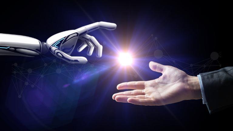 AI and human reaching out to touch hands, symbolizing connection, collaboration, and harmony between technology and humanity.
